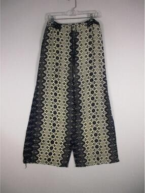 Angie Womens 100% Rayon Funky Boho Pants Regular Wide Leg Floral Size L Blue